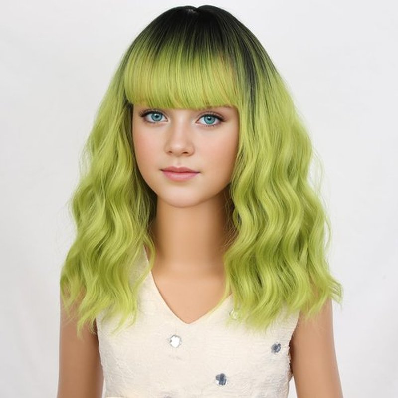 PATTNIUM Kids Ombre Green Wig Short Ombre Green Wig for Girls Green Bob Wig with Bangs Child Curly Wavy Synthetic Wig with Wig Cap