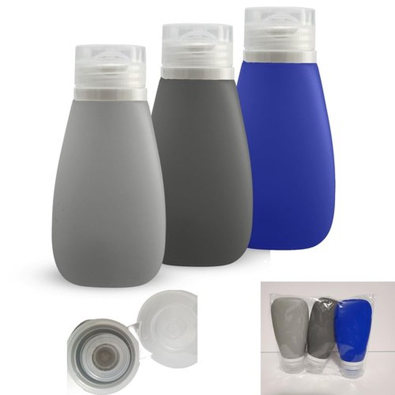 LYOB Leak Proof Silicone Soft Refillable Bottles,TSA 3oz, BPA Free, New 3-Layer Top, Travel Empty Squeeze Bottles for Toiletries, Lotions, Shampoos 3pk (Black-Gray-Blue)