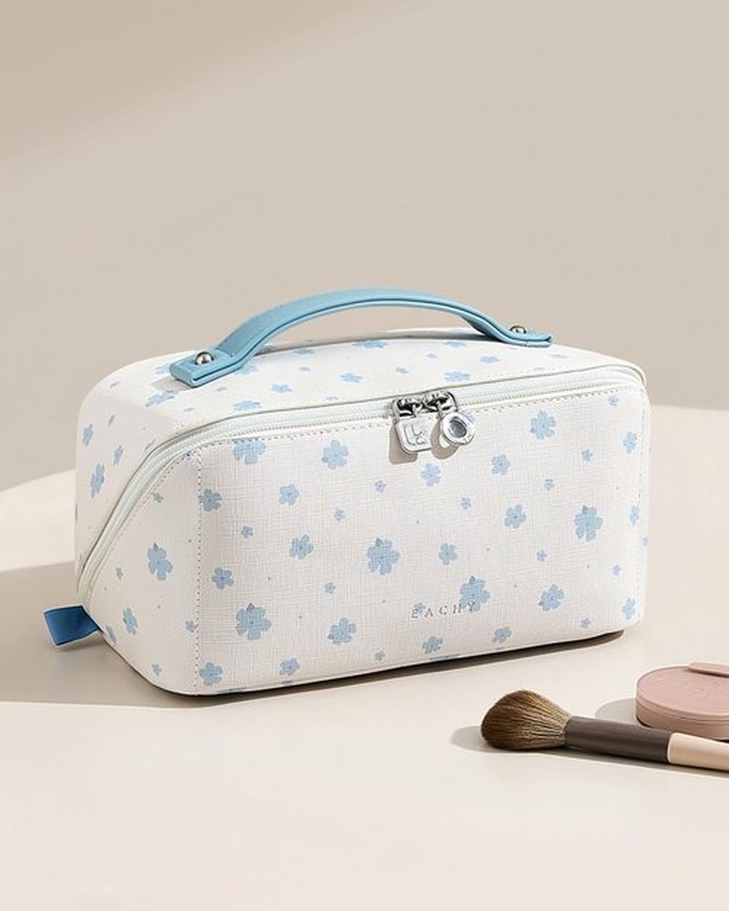 EACHY Travel Makeup Bag,Large Capacity Cosmetic Bags for Women,Waterproof Portable Pouch Open Flat Toiletry Bag Pattern Makeup Bag (C-Blue)