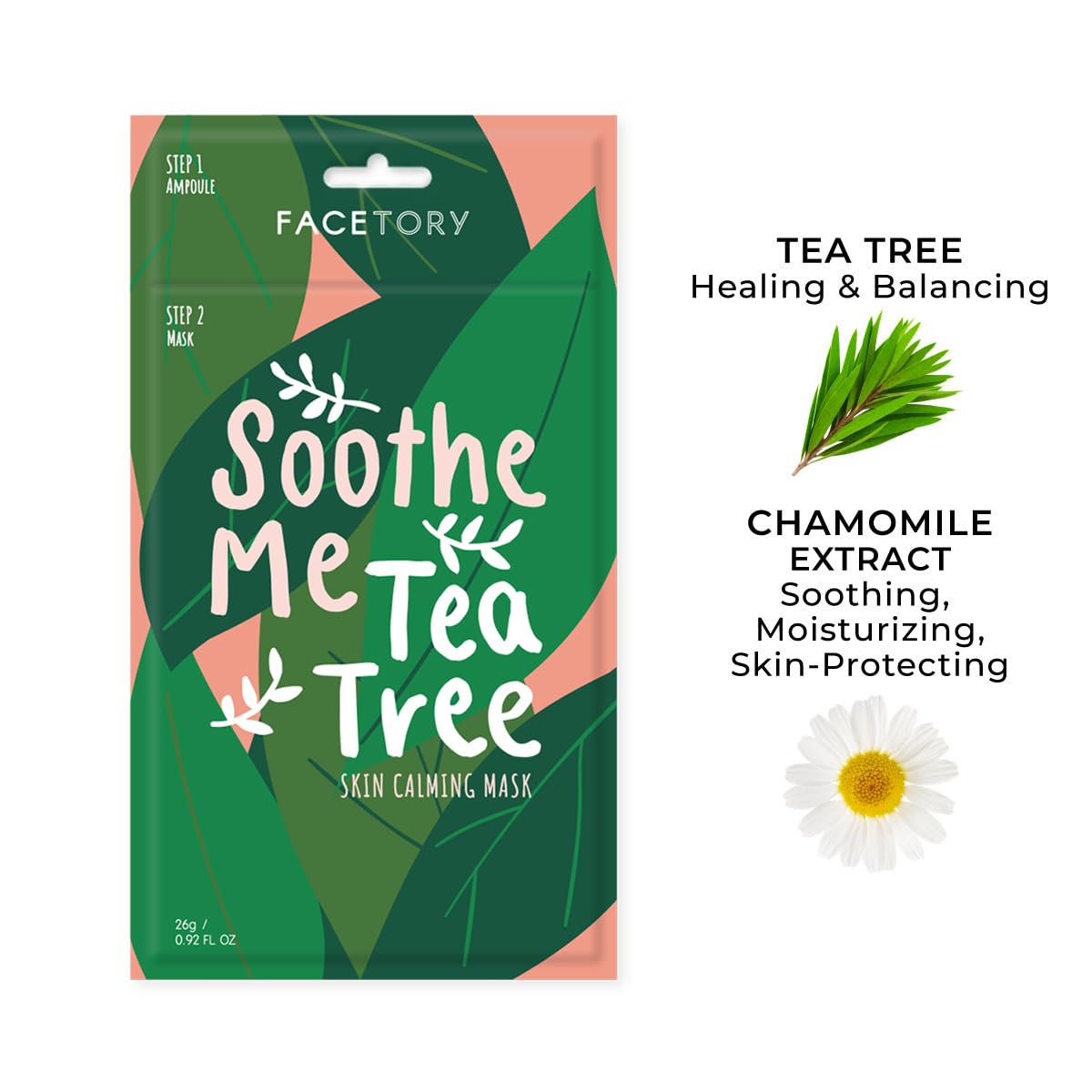 FACETORY K Beauty Face Mask Skin Care - Soothe Me Tea Tree 2-Step Sheet Mask with Tea Tree Extract & Chamomile + Soothing Ampoule | Skin Calming, Acne Clearing (10 Pack)