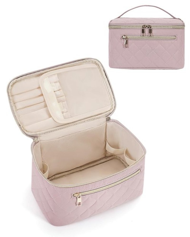 Wandering Nature Makeup Bag, Travel Make Up Organizer Cosmetic Brush Bags Case for Women in Quilted Fabric, Pink(Patent Pending)