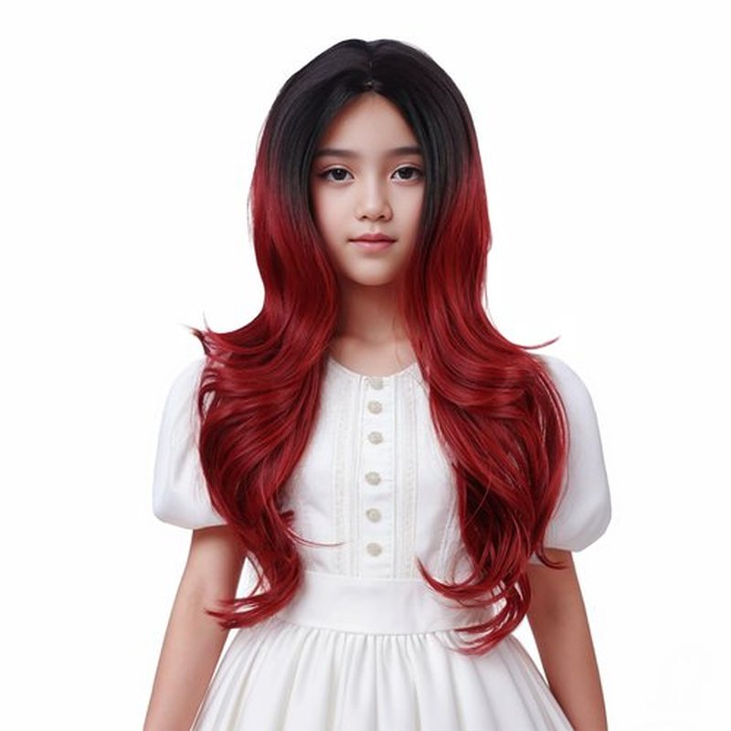 Edivd Black Ombre Red Wig for Kids Long Black Mixed Wine Red Middle Part Wig for Child Long Dark Red Wavy Curly Wig for Girls Heat Resistant Synthetic Wig with Wig Cap