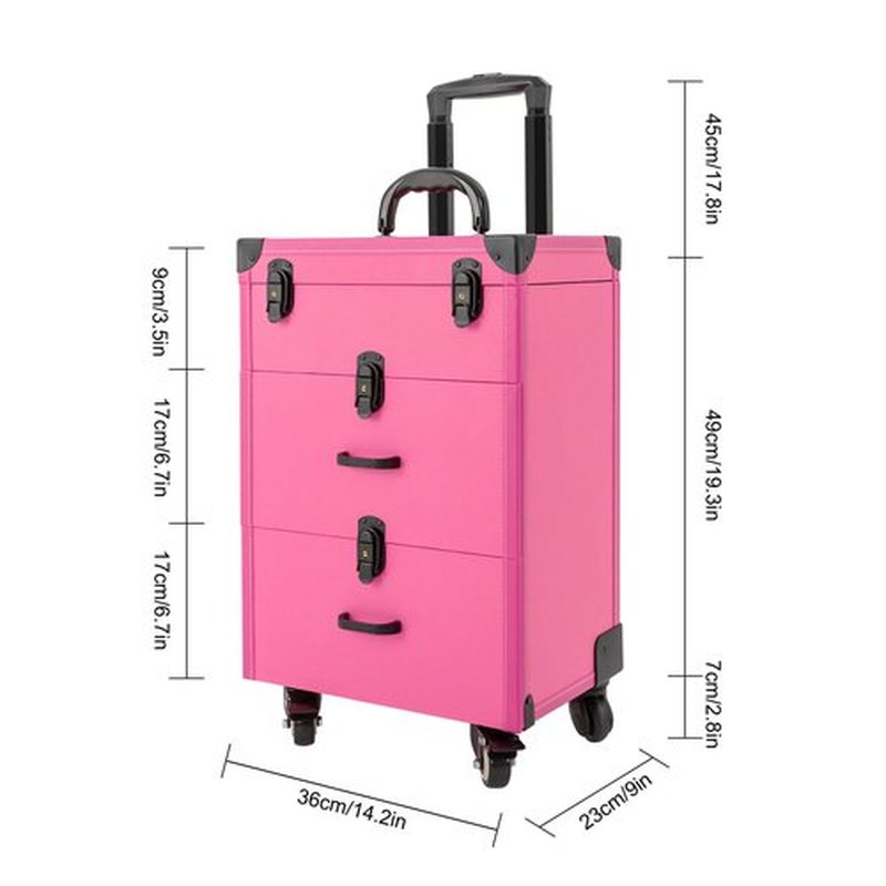 QUEWATSA Rolling Makeup Case with Drawers&4 Wheel, Cosmetic Case Trolley, Make Up Suitcase Cosmetic Trolley, Portable Multifunction Makeup Suitcase, Jewelry Travel Cosmetic Train Case (Rose Red)