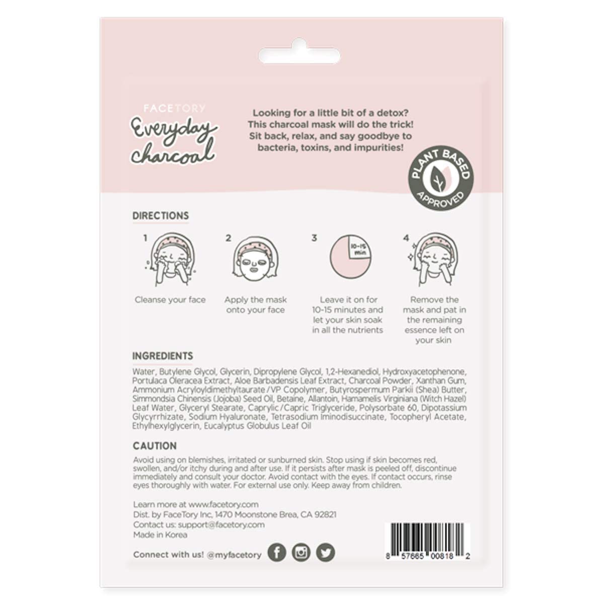 FACETORY K Beauty Face Mask Skin Care - Everyday CHARCOAL Detoxifying Sheet Mask | Plant-Based Charcoal Face Mask (5 Pack)