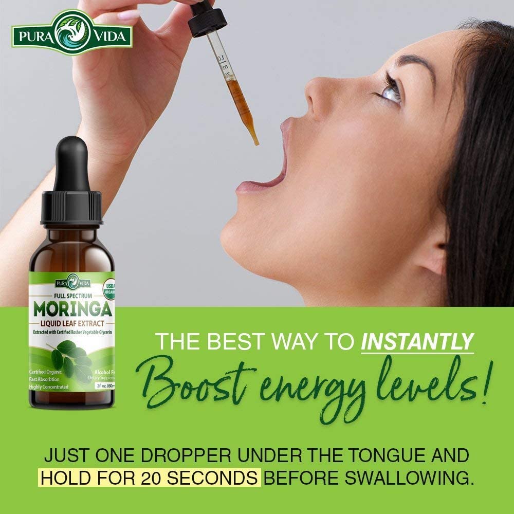 PURA VIDA MORINGA Leaf Extract Liquid Drops - USDA Organic Certified - Highly Purified, Bioavailable & Faster Absorption than Moringa Powder or Capsules - Single Origin Moringa Oleifera Leaves Extract