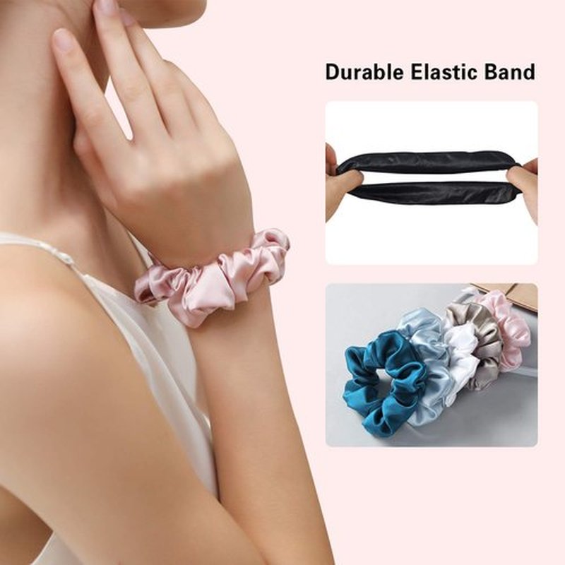 ZIMASILK 100% Mulberry Silk Hair Scrunchies, Best For Women And Girls’Hair, Elastic Hair Bands For Ponytail Holder Gentle And No Hurt (5 Pack, Light Blue, Pink, White, Taupe, Peacock Blue)