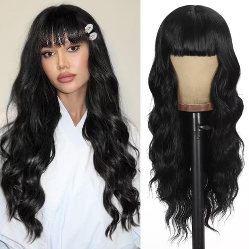 UNNYMGER Black Wig with Bangs Curly wavy Wig for Women Long Natural Black wavy wigs skin-friendly synthetic fibersc for festival holiday Use 26IN