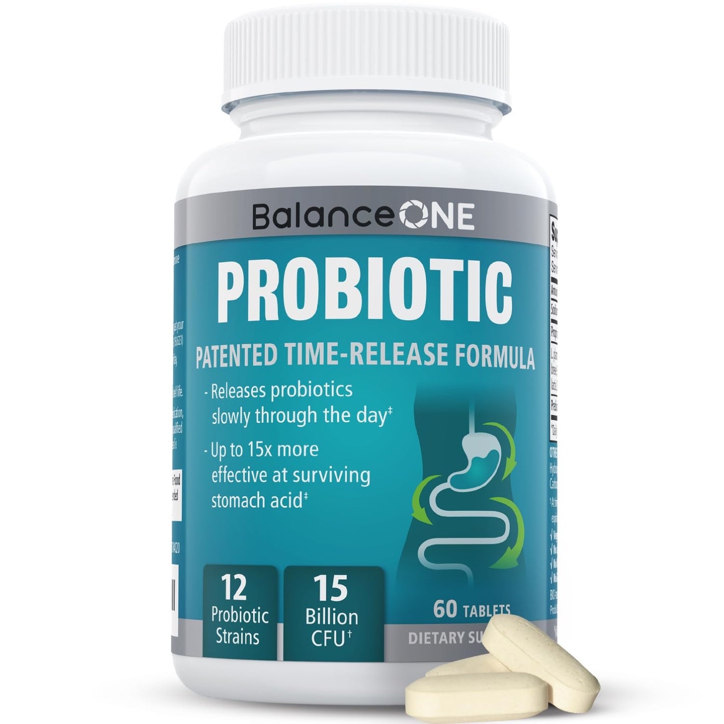 Balance ONE Time Release Probiotic – 15 Billion CFU – 12 Strains Including L. Plantarum – 15x More Survival Than Capsules – Bloating & Gas Relief – Gut & Digestive Health for Women & Men – 60 Tablets
