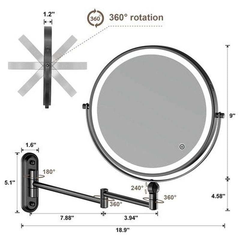 9" Wall Mounted Makeup Lighted Mirror, 4000mAh Rechargeable Double Sided LED Vanity Mirror with Height Adjustable&1X/10X Magnification, 3 Color Lights Touch Screen Dimmable 360°Swivel Bathroom Mirror