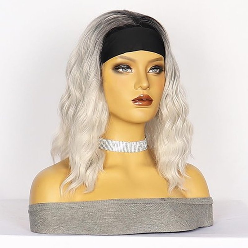 Short Wavy Bob Headband Wig Gray Headband Wigs for Black Women Natural Hairline Bob Wig Glueless Shoulder Length Synthetic Wig (Gray)