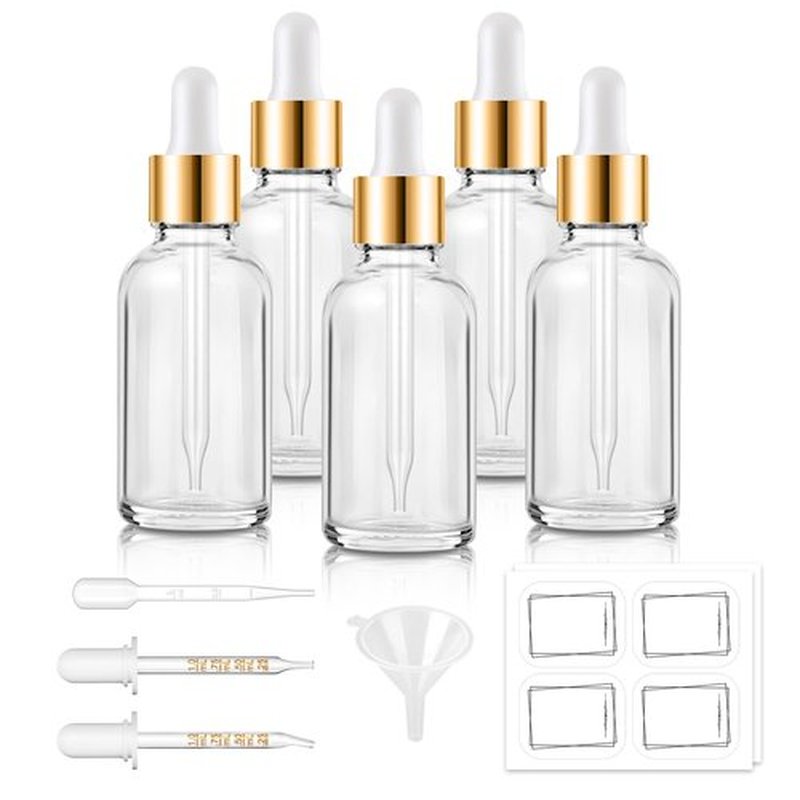 Bumobum 5 Pcs, 1 oz Dropper Bottle Clear Eye Dropper Bottles with 2 Droppers, 1 Funnel, 1 Pipette & 8 Labels, 30 ml Tincture Bottles with Dropper for Essential Oils Serums Hair Oils Body Cuticle Oils