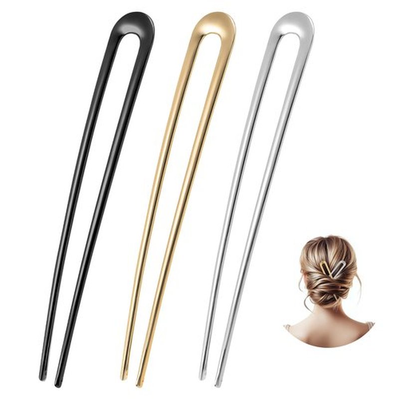 3PCS U-Shaped Large 5.9 Inch Metal Hair Pins, French 2 Prong Bun Hair Sticks, Simple U Shaped Metal Hair Pins, Vintage Gold and Silver Hair Pins for Women and Girls (Black, Gold, Silver)