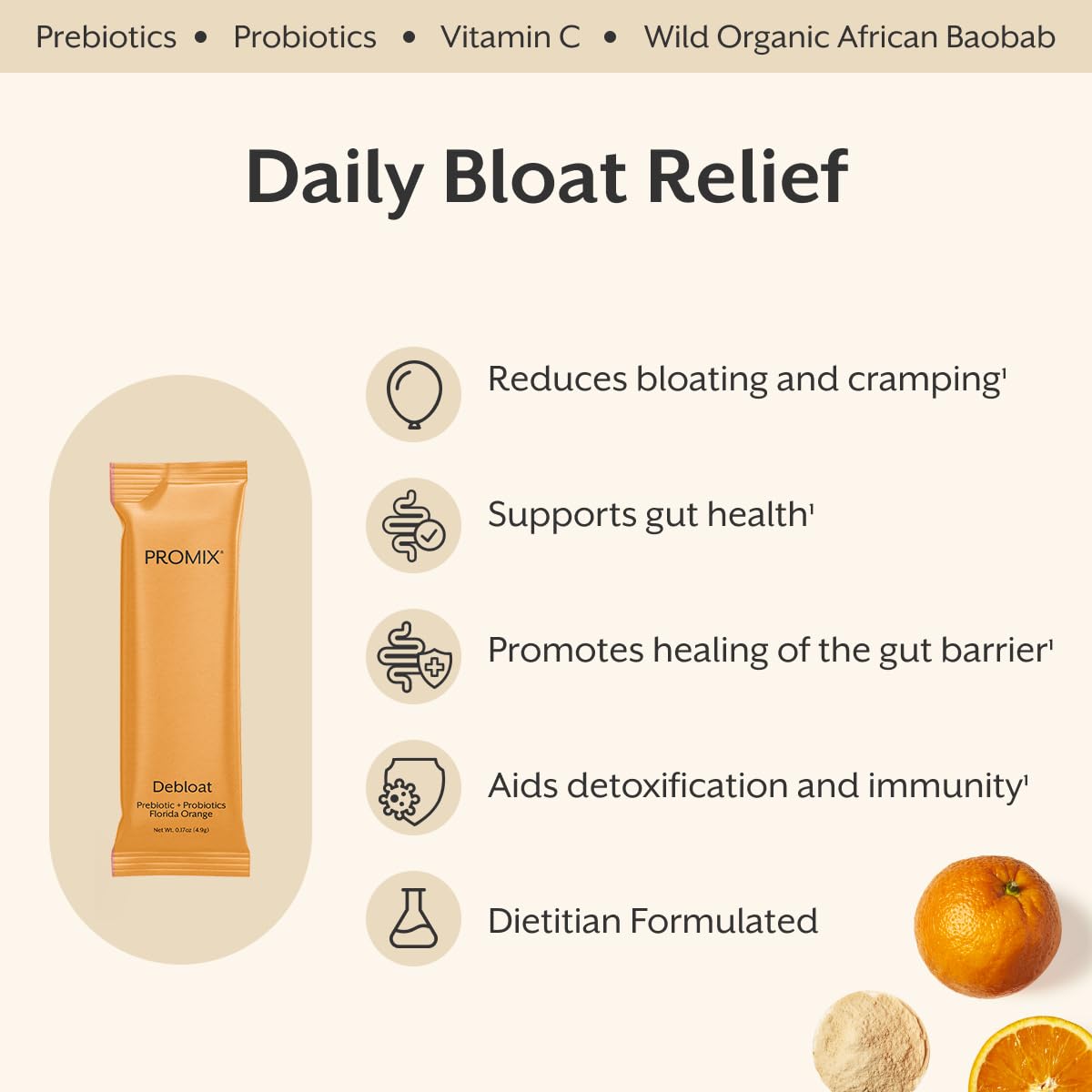 ProMix Nutrition Debloat Prebiotics & Probiotics, Florida Orange - 30ct