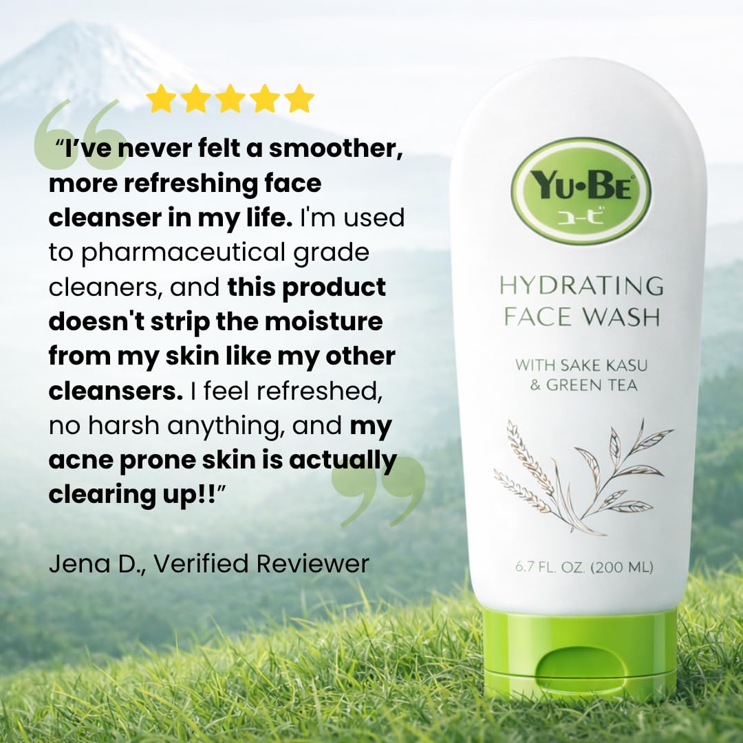 Yu-Be Hydrating Face Wash – Gentle Non Foaming Daily Calming Cleanser for Dry Sensitive Skin with Sake Kasu & Green Tea – Cleanses Deeply Without Stripping For Soft, Balanced Skin - 6.7 fl. oz.