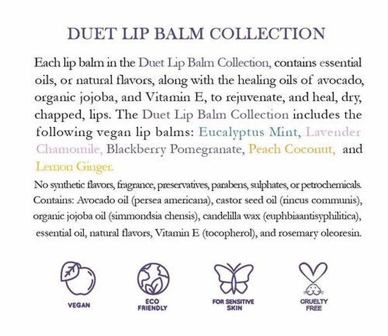 ALIDA PURE Duet Lip Balm Collection, Vegan, Lip Balm Set, Coconut Oil Free, Avocado Oil, Organic Jojoba Oil, Vitamin E Oil, Vegan, Lip Oil Set for Dry Cracked Lips, 5 Tubes of Lip Balm per Set