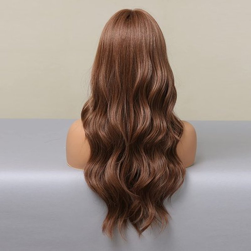 BERON Brown Wigs Long Wavy Women Wigs with Bangs Light Brown Curly Heat Resistant Synthetic Wigs for Daily Wigs Wig Cap Included