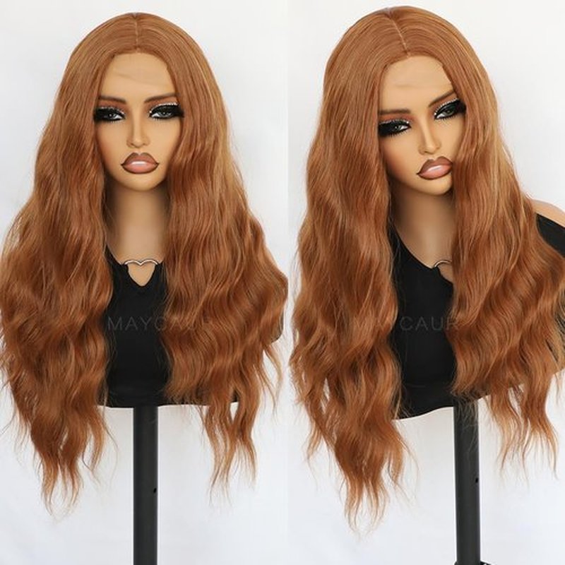 Maycaur Long Wavy Synthetic Lace Front Wig for Women 22 Inch Glueless Wigs Copper Brown Brunette Heat Resistant Soft Fiber Hair for Black Women