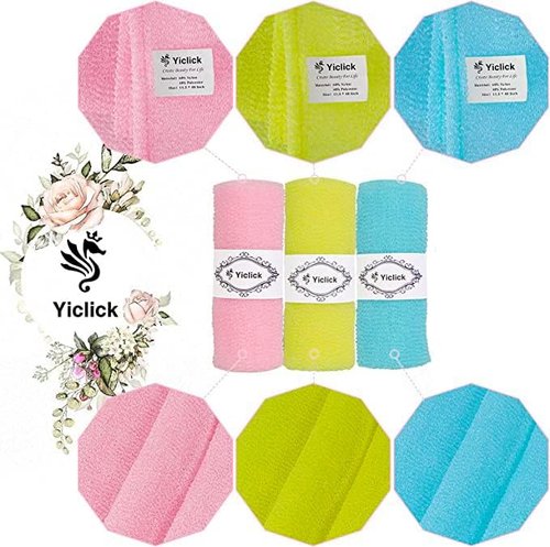Yiclick Exfoliating Washcloth Towel [3 Pack], Japanese Exfoliating Bath Wash Cloth for Body Exfoliation, Korean Back Scrubber Washer for Shower, African Net Sponge Brush Loofah Exfoliator (Pink)