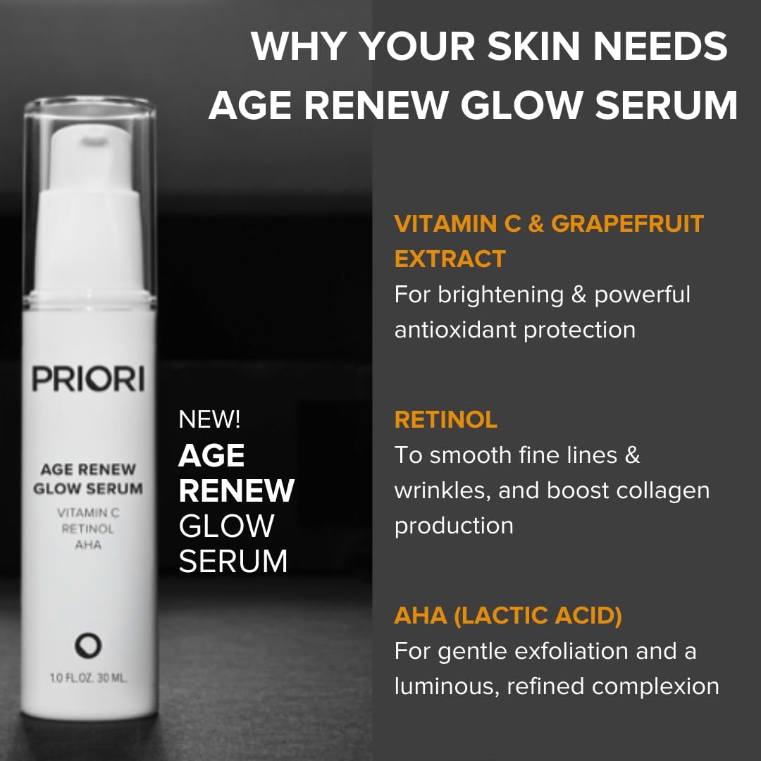 Priori Skincare Age Renew Glow Serum, Vitamin C, Retinol, AHA, Advanced Anti-Aging Radiance Boosting Formula, Dark Spot & Wrinkle Reduction, Firmness, Glowing Complexion, 1 fl oz