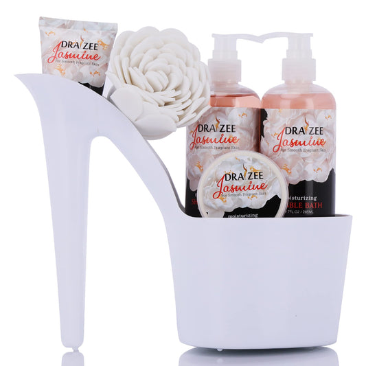 Valentine's Day Gifts for Her - Jasmine Scented Bath and Body Set of 6-Piece Heel Shoe Spa Basket, with Body Lotion, Butter, Shower Gel, Bubble Bath, Puff- Gift for Women, Wife, Mom, Friend by Draizee