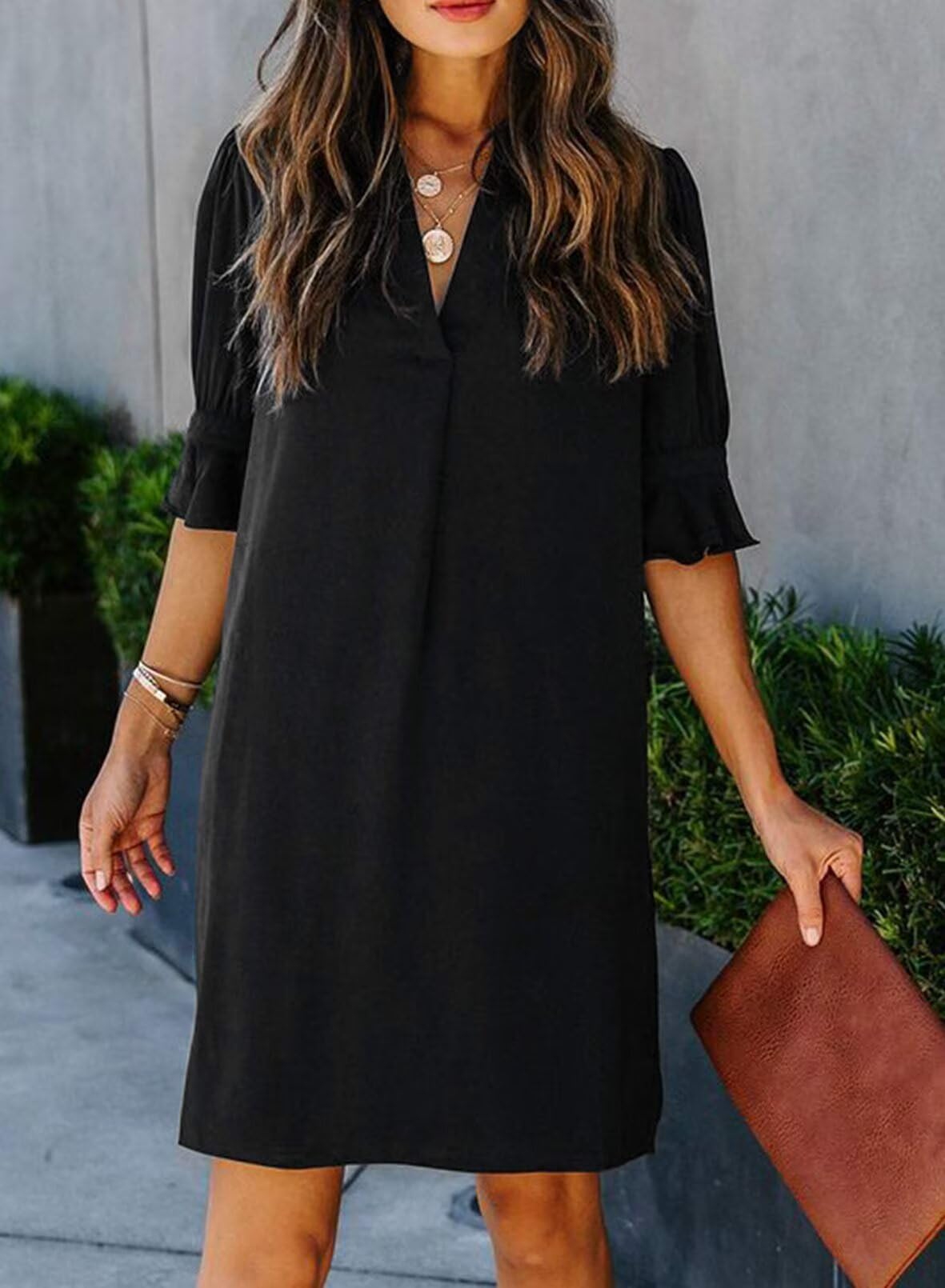Wkior Summer Dress for Women Short Sleeve Solid Color Loose Casual Elegant Dress Black S