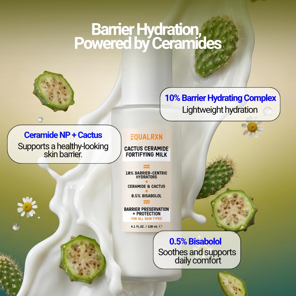 EqualRXN Cactus Ceramide Fortifying Milk - Hydrating & Moisturizing Milky Toner with Ceramide NP, 0.5% Bisabolol & 10% Barrier Hydrators, Alcohol-Free Toner for Sensitive, Dry & Dehydrated Skin