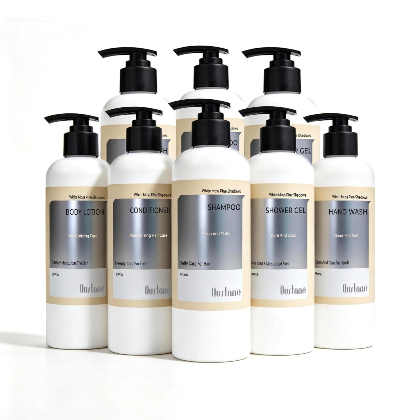 OUSTANE Floral White Moss Pine Shadows Hotel Toiletries Amenities Set (8 Pack) Bulk Hotel Amenities- 2-Shampoo, 2-Body Wash, 2-Hand Wash, 1-Conditioner and 1-Body Lotion, With bracket