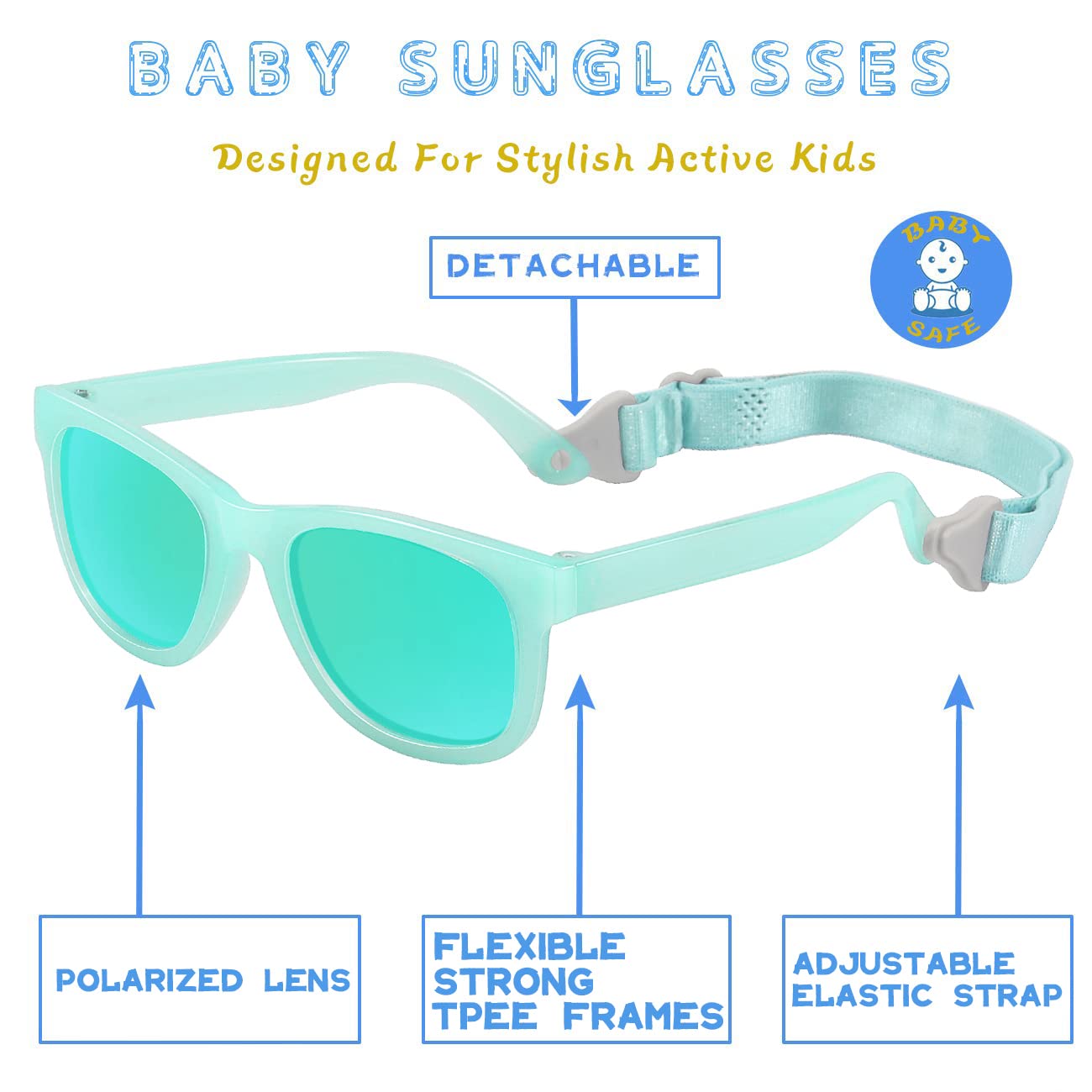 MAXJULI Polarized Baby Infant Sunglasses Safe, Soft, With Adjustable Strap 0-24 Months BPA Free (Translucent Green/Green