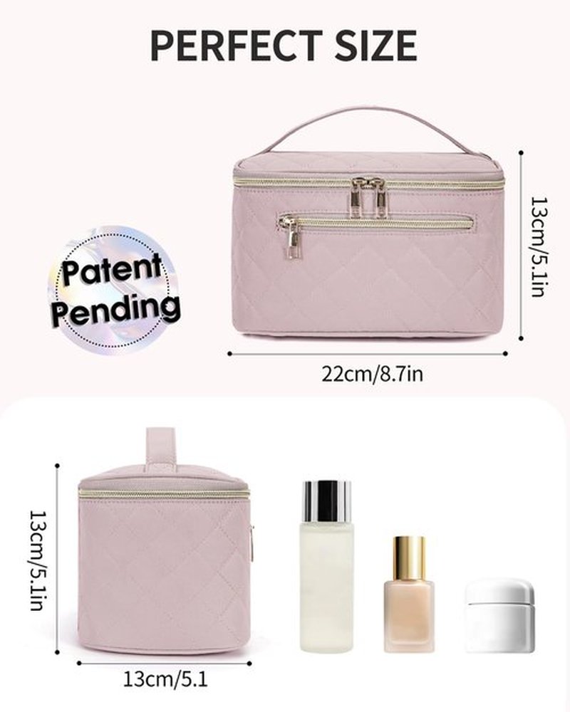 Wandering Nature Makeup Bag, Travel Make Up Organizer Cosmetic Brush Bags Case for Women in Quilted Fabric, Pink(Patent Pending)
