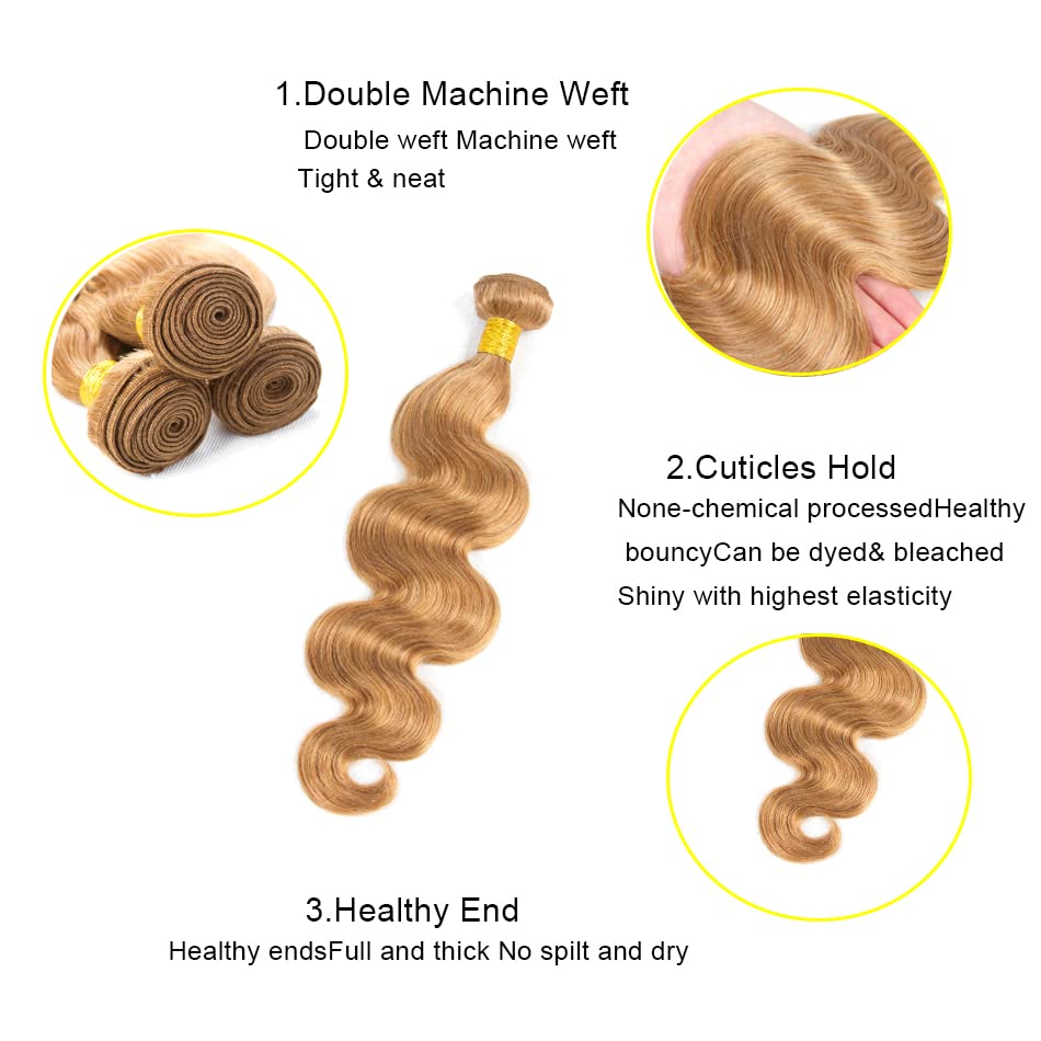 Color 27 Human Hair Bundles Honey Blonde Body Wave Bundles Human Hair 8A Grade Brazilian Unprocessed Virgin Hair 3 Bundles 8 10 12 Inch Color 27 Bundles Human Hair