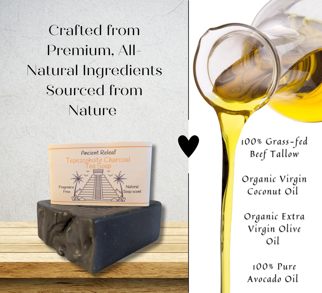 Ancient Releaf Tepezcohuite Charcoal Tea Soap, with tallow, Nourishing, Soothing, Cleansing, 5oz. bar