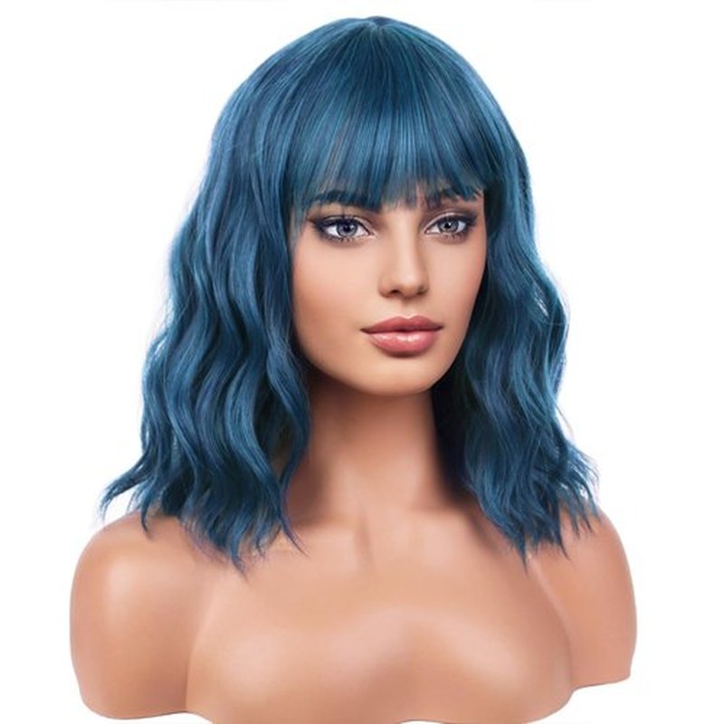 BERON Blue Wig Short Curly Wig for Women Mix Blue Wigs with Bangs Synthetic Wig Dark Blue Wigs with Wig Cap