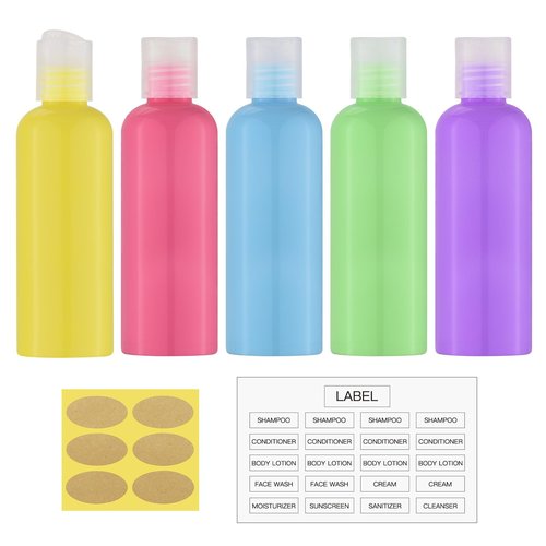 owlyee 3.4 oz Travel Bottles for Toiletries, Empty Travel Size Containers Tsa Approved, 5PCS Small Plastic Shampoo Bottles with Labels (100ml)