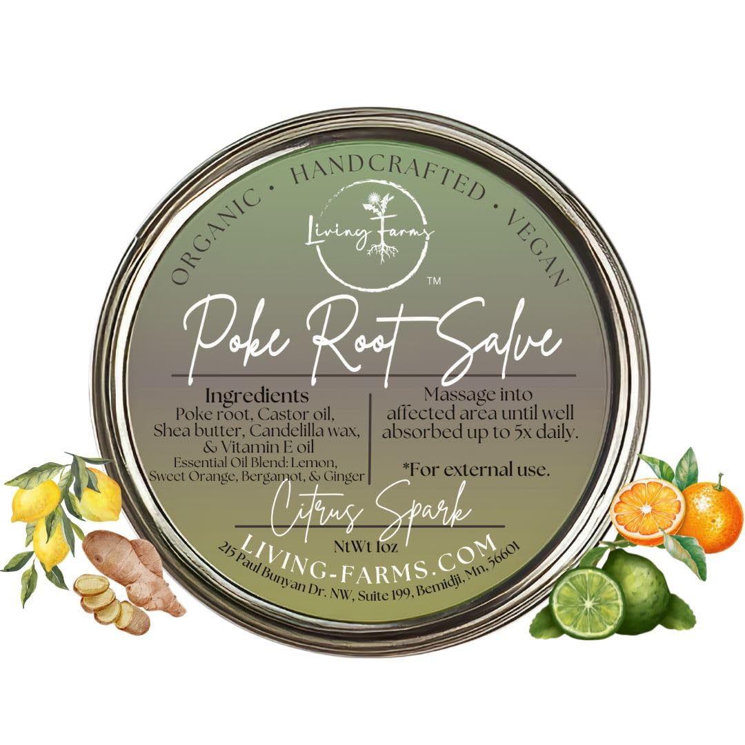 Organic Poke Root & Castor Oil Salve | Vegan Lymphatic Support | Enriched with Essential Oils | Cysts, Boils, Fibroids, Swollen Lymph Nodes, Breast & Joint (1oz, Citrus Spark)