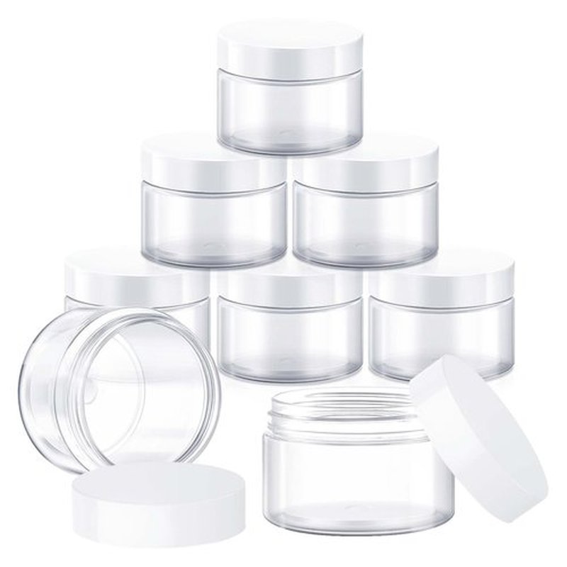 8 Pcs 1 OZ Travel Jars for Creams, Elumeiro Small Travel Size Toiletries Plastic Jars with White Lids Cosmetic Container Round Jar Refillable for Body Scrubs, Lotion, Powder, ointment, Makeup