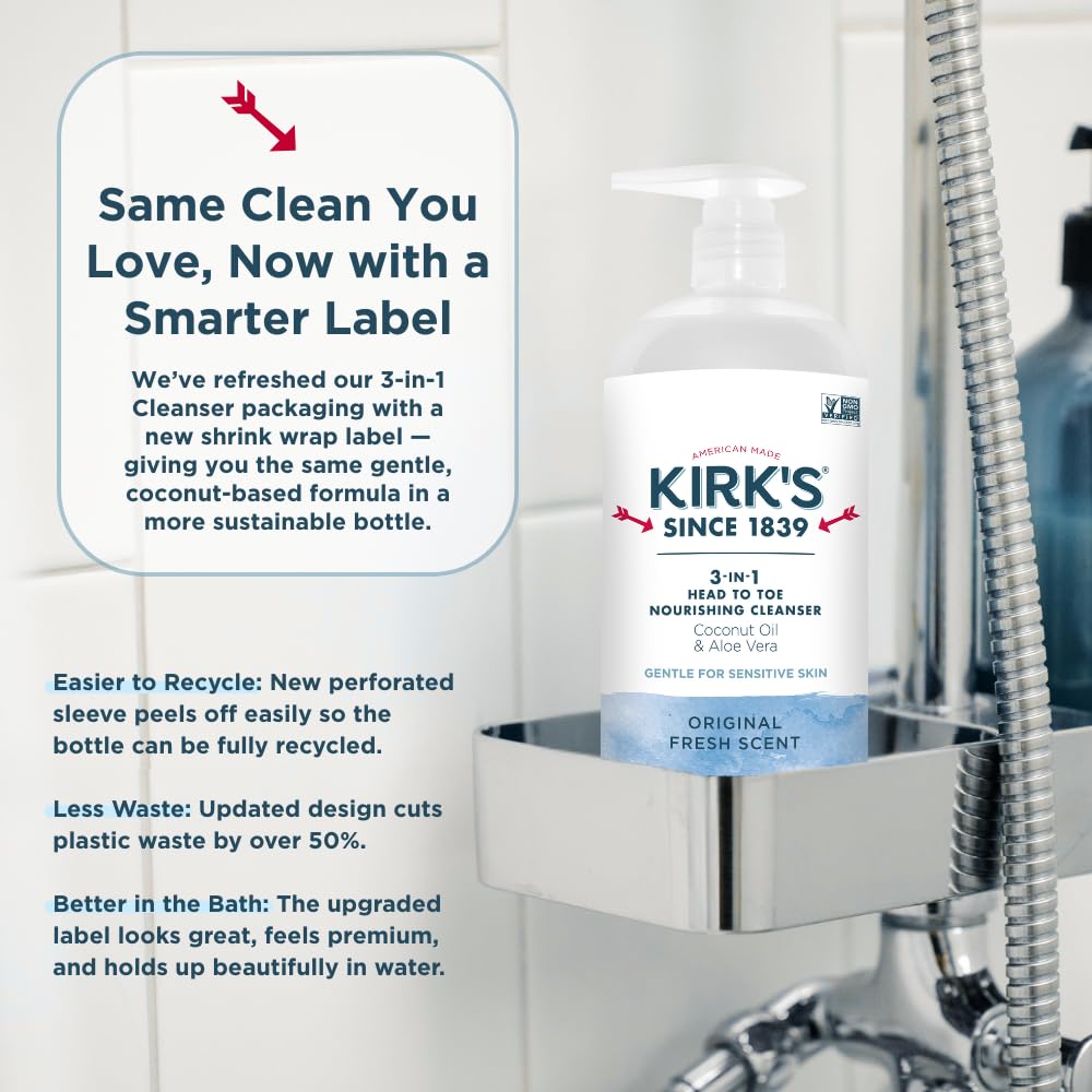 Kirk's Original Fresh 3-in-1 Nourishing Cleanser and Travel Bar Soap, Shampoo Body Wash Bubble Bath, Coconut Oil and Aloe Vera, Vegan Non-GMO, 32 Fl Oz