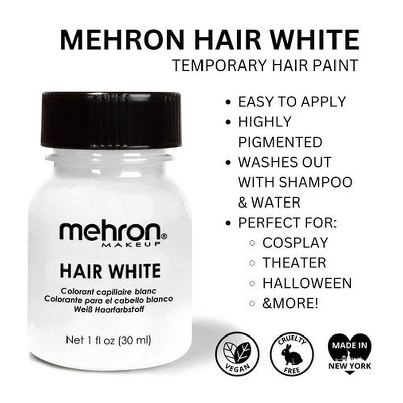 Mehron Makeup Hair White | Washable White Hair Dye | Temporary Hair Color for Theatre, Cosplay, & Halloween 1 fl oz (30ml) (White)