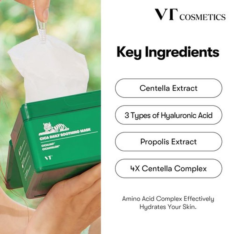 VT COSMETICS Daily Soothing Mask 30ea, Facial Sheet Mask for Moist & Hydrating, 30 Day Supply, Centella Asiatica Face Mask