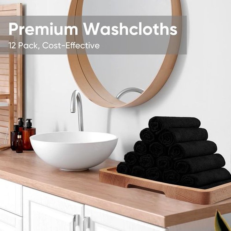 HOMEXCEL Black Washcloths 12 Pack, Highly Absorbent and Soft Face Towel, Multi-Purpose Microfiber Wash Cloths for Bathroom, Hotel, Spa, Gym, and Kitchen, 12x12 Inch