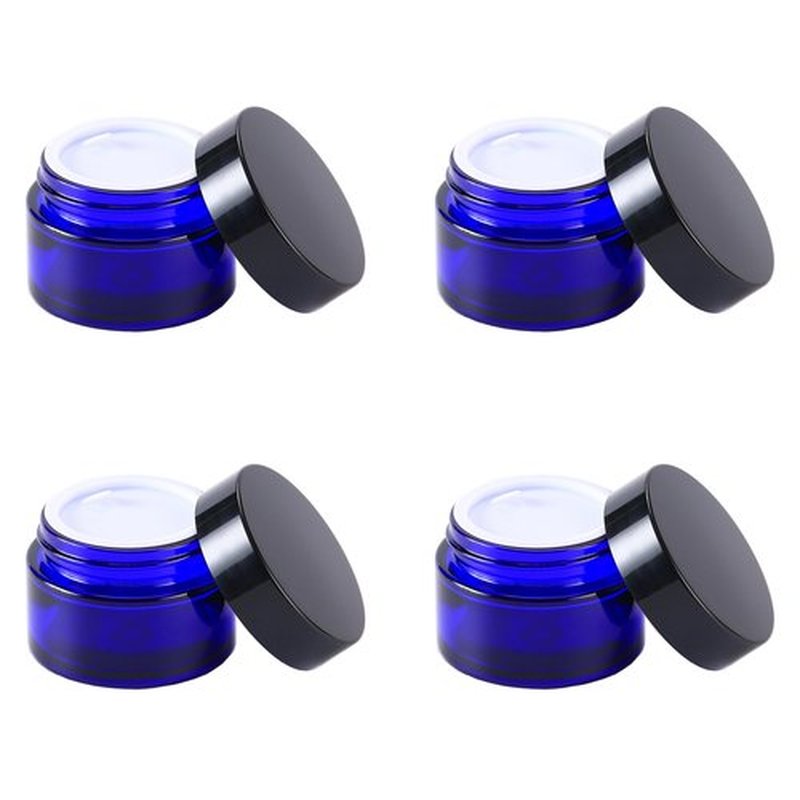 Over News 4PCS 1 oz Small Glass Jar, Empty Cosmetic Lotion Containers,with Inner Liners,Black Lid, Spatula (Blue)