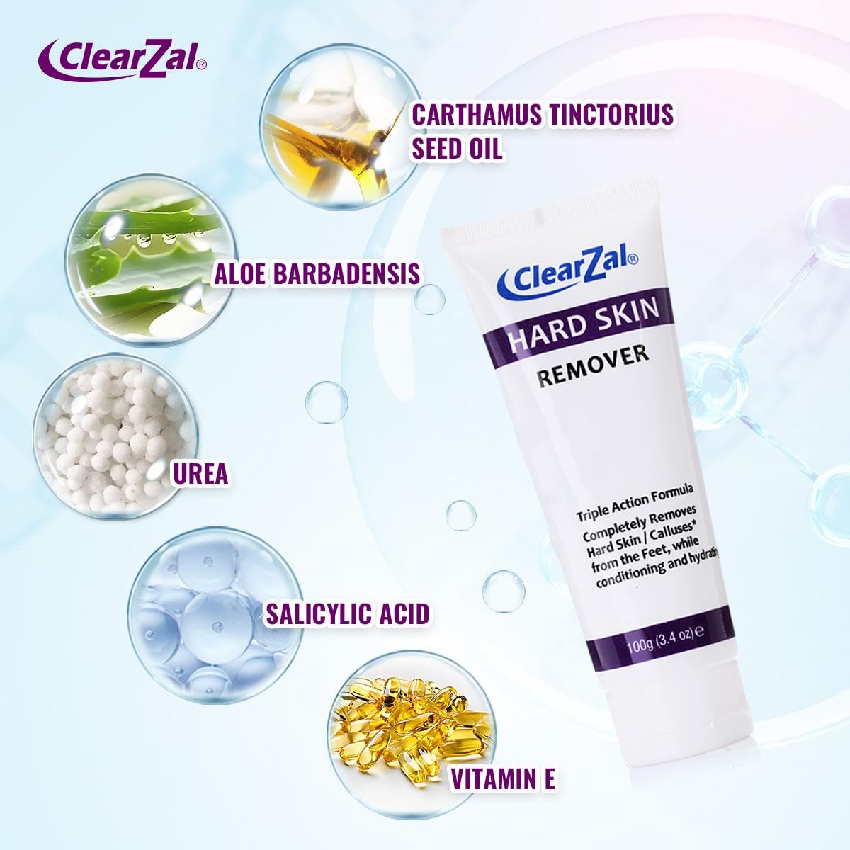 Clearzal Foot Cream For Hard Skin, Helps Calluses and Corn Removal While Leaving Soft Smooth Skin, Hydrating and Conditioning Triple Action Formula With Aloe Vera, 3.4 Ounce Tube