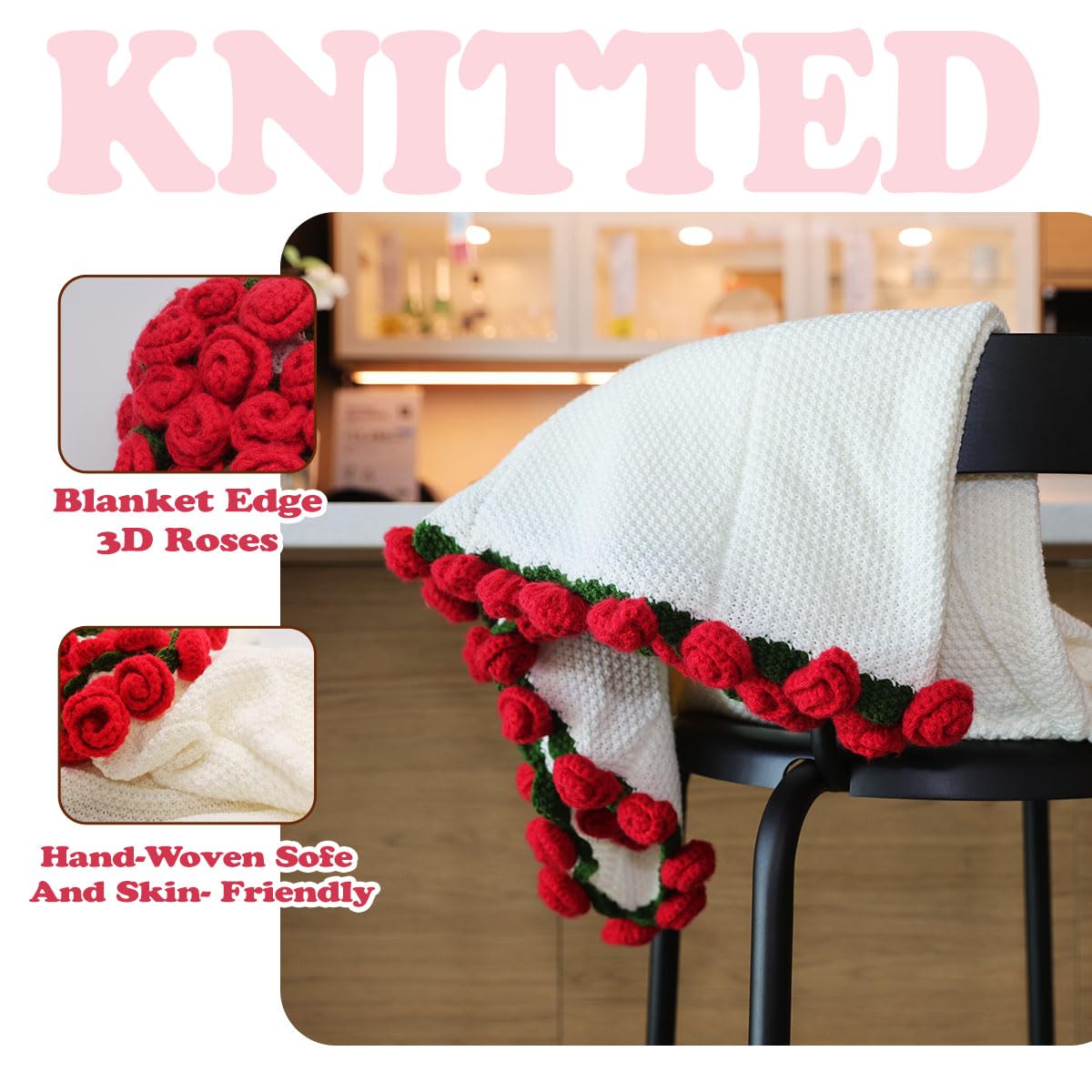 Duryeo Crochet Rose Flower Bouquet Blanket with Red Rose, Handmade Knitted Throw Blanket, Christmas, Valentine’s Day, Anniversary, Birthday Gifts for Wife, Girlfriend, Fiancée, Lover, 43 Inch