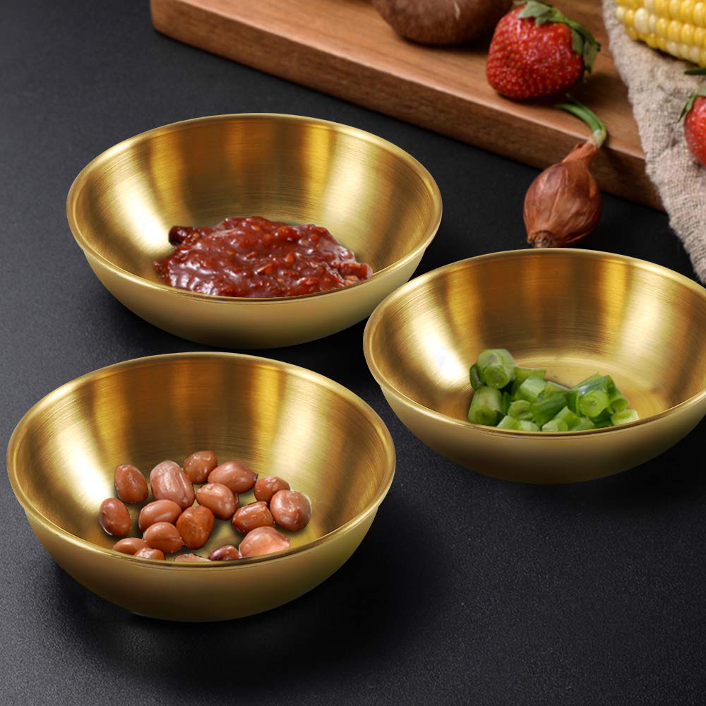 Amytalk 8 Pack 3.5inch Stainless Steel Sauce Dishes Mini Individual Saucers Bowl Round Seasoning Dishes Sushi Dipping Bowl Appetizer Plates, Golden