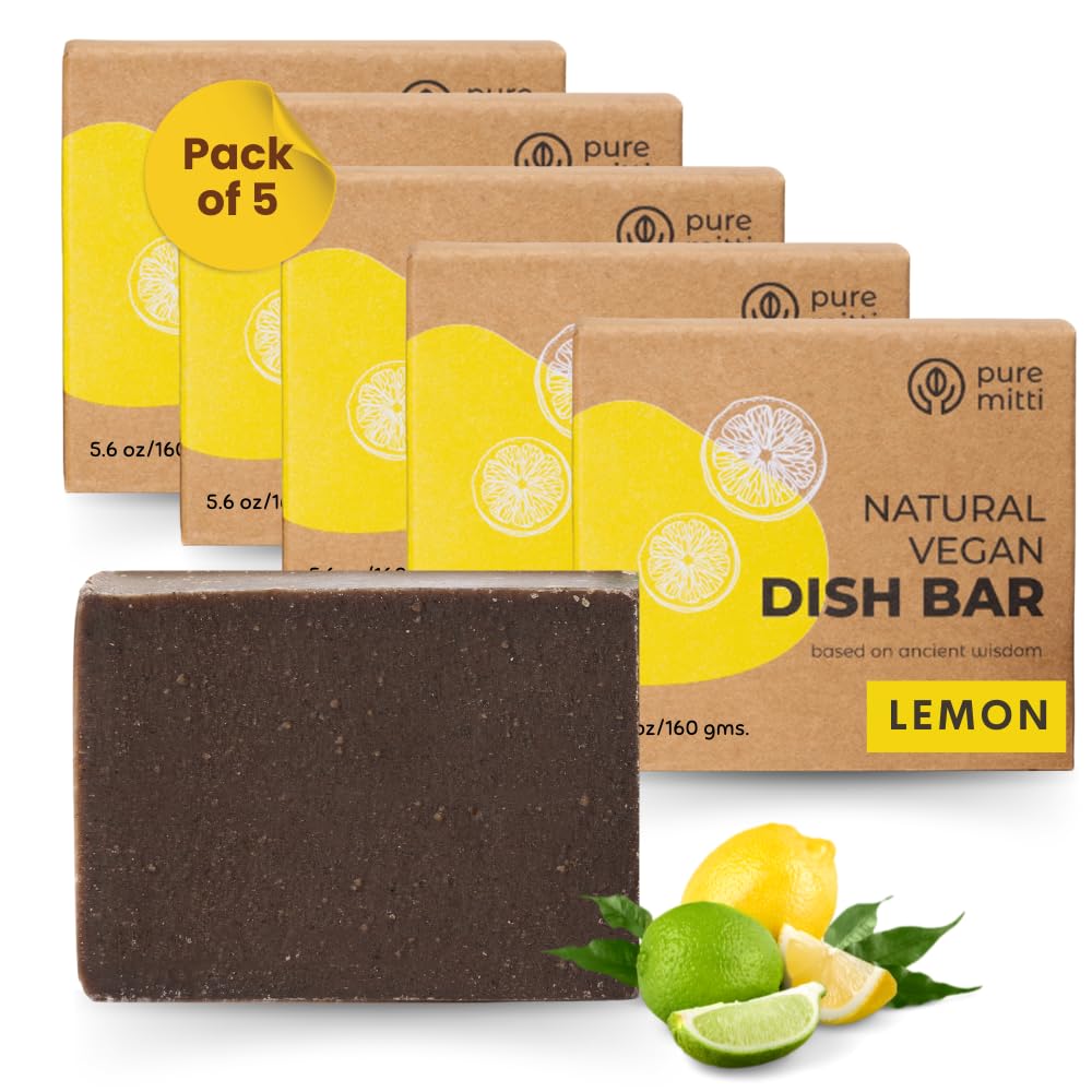 Pure Mitti Lemon Dish Soap Pack Of 5 (5.5 Oz Each) | Solid Bar Soap For Sparkling Clean Dishes | Natural, Plastic-Free Cleaning Supplies | Alternative To Dishwashing Liquids & Detergents