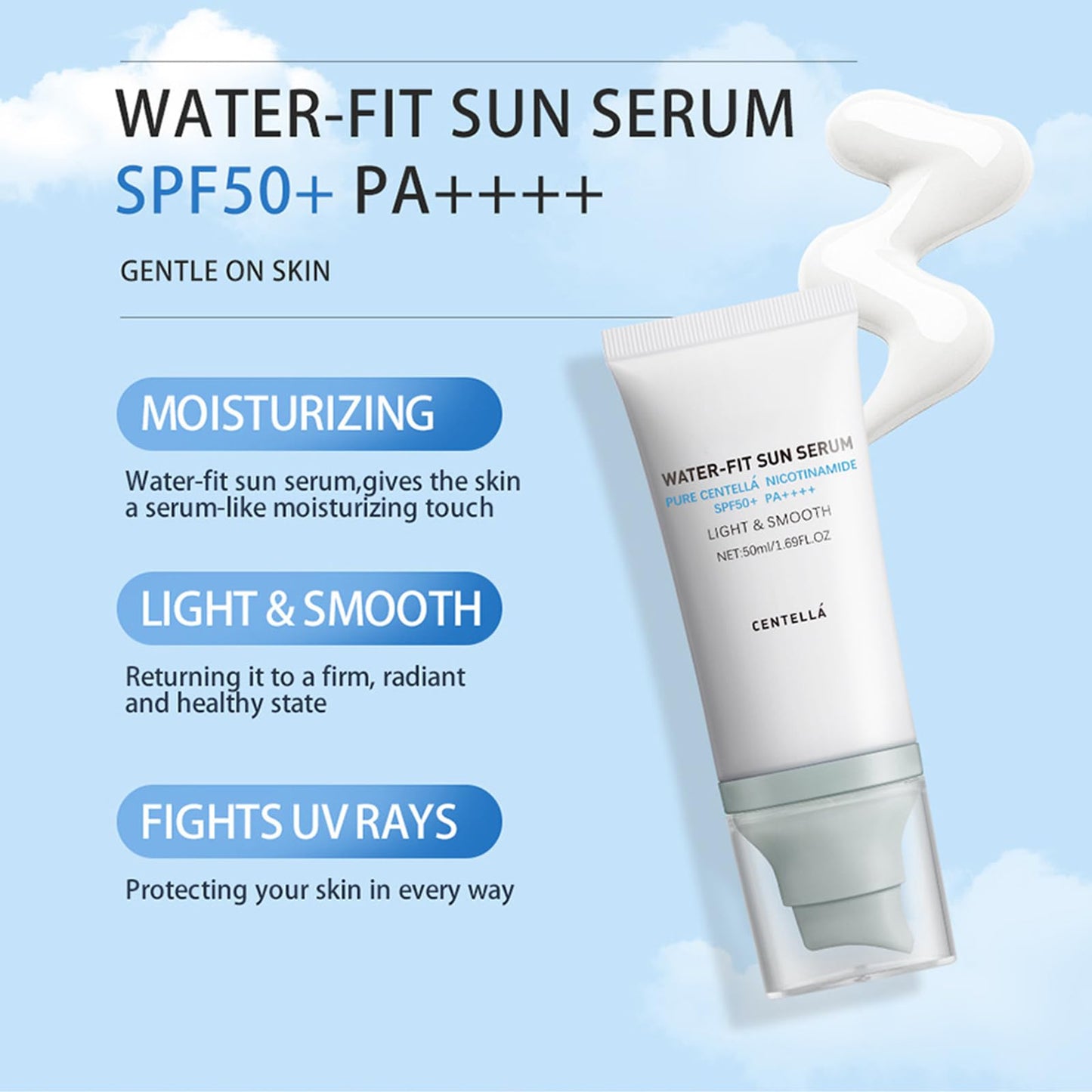 Centella Sunscreen SPF 50, Long-Lasting Protection, Nourishing Skin Protection and UV Defens,Centella Madagascar Sunscreen,Moisturizing Non-Sticky Centella Water-Fit Sun Serum for All Skin