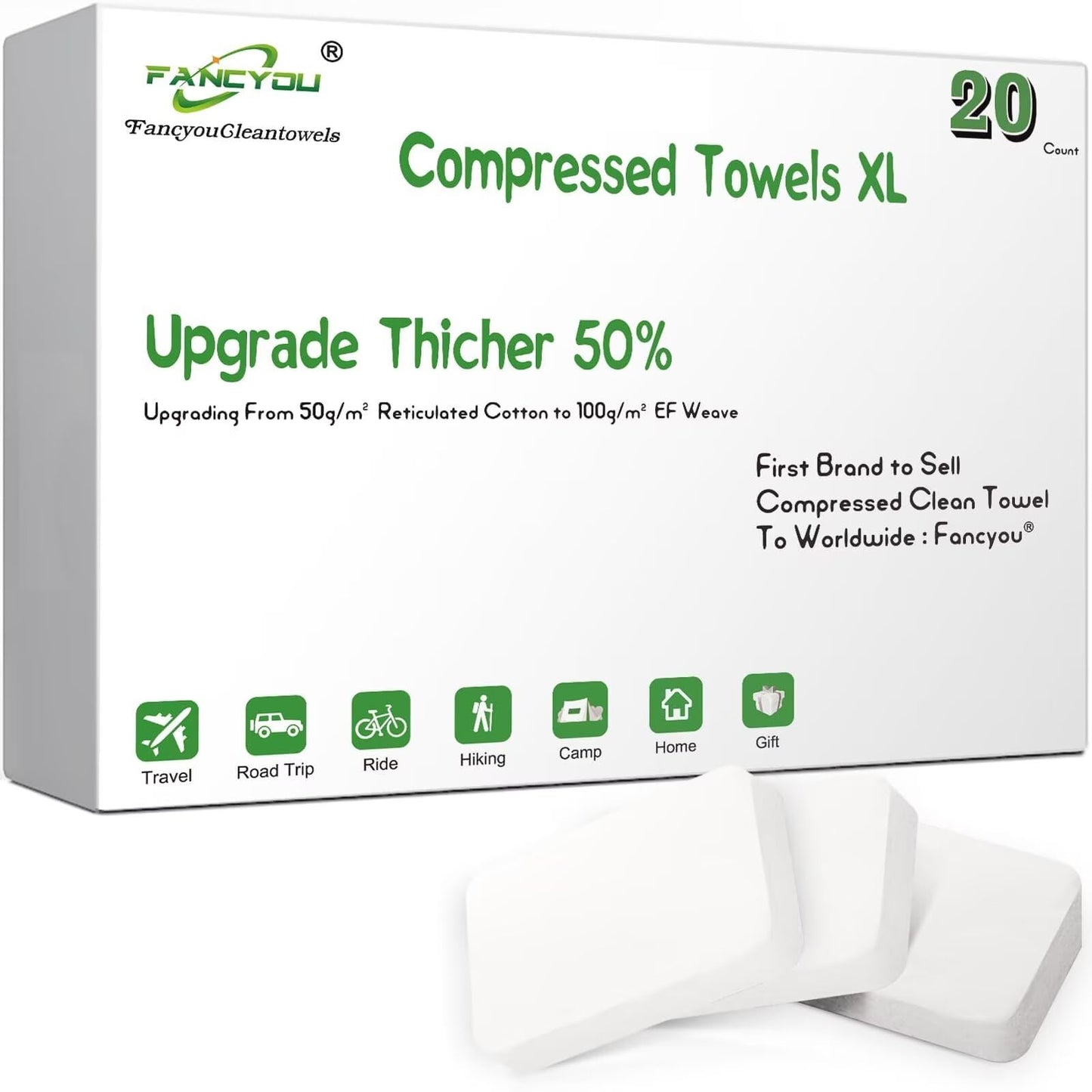 Fancyou Compressed Disposable Face Towel Large,Soft Facial Cleansing Cloths Towelettes,Thicken Washcloth Compact Portable Wash Cotton Wipes Tablets for Beauty Salon,Personal Care,Travel(20PCS White)