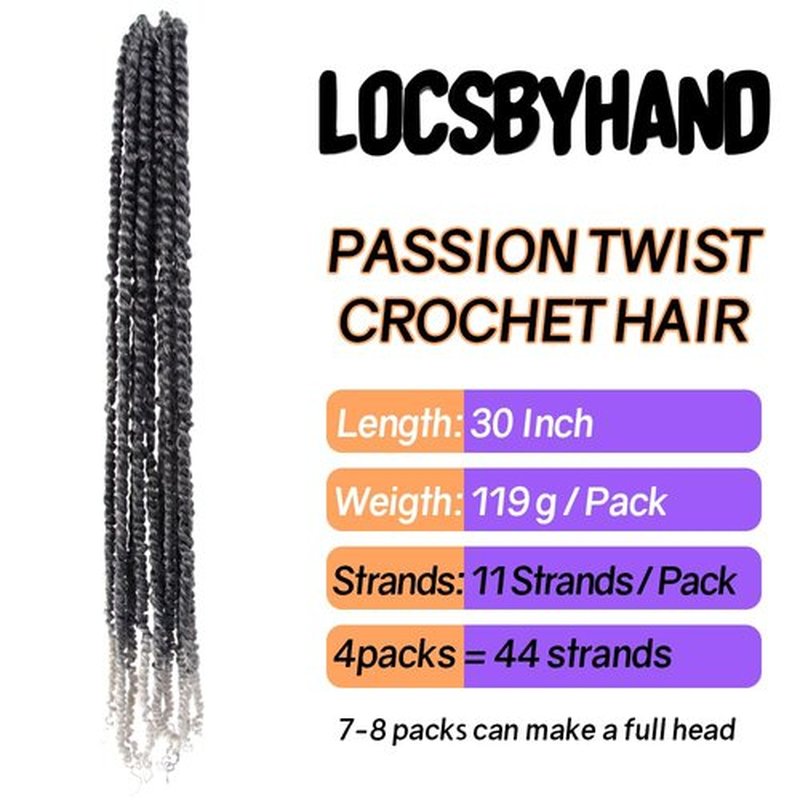 LOCSBYHAND 30 Inch Long Pre-looped/twisted Passion Twist Crochet Hair 4 Packs for Mixed-color Using (4 Packs, TGrey/Ombre Grey)