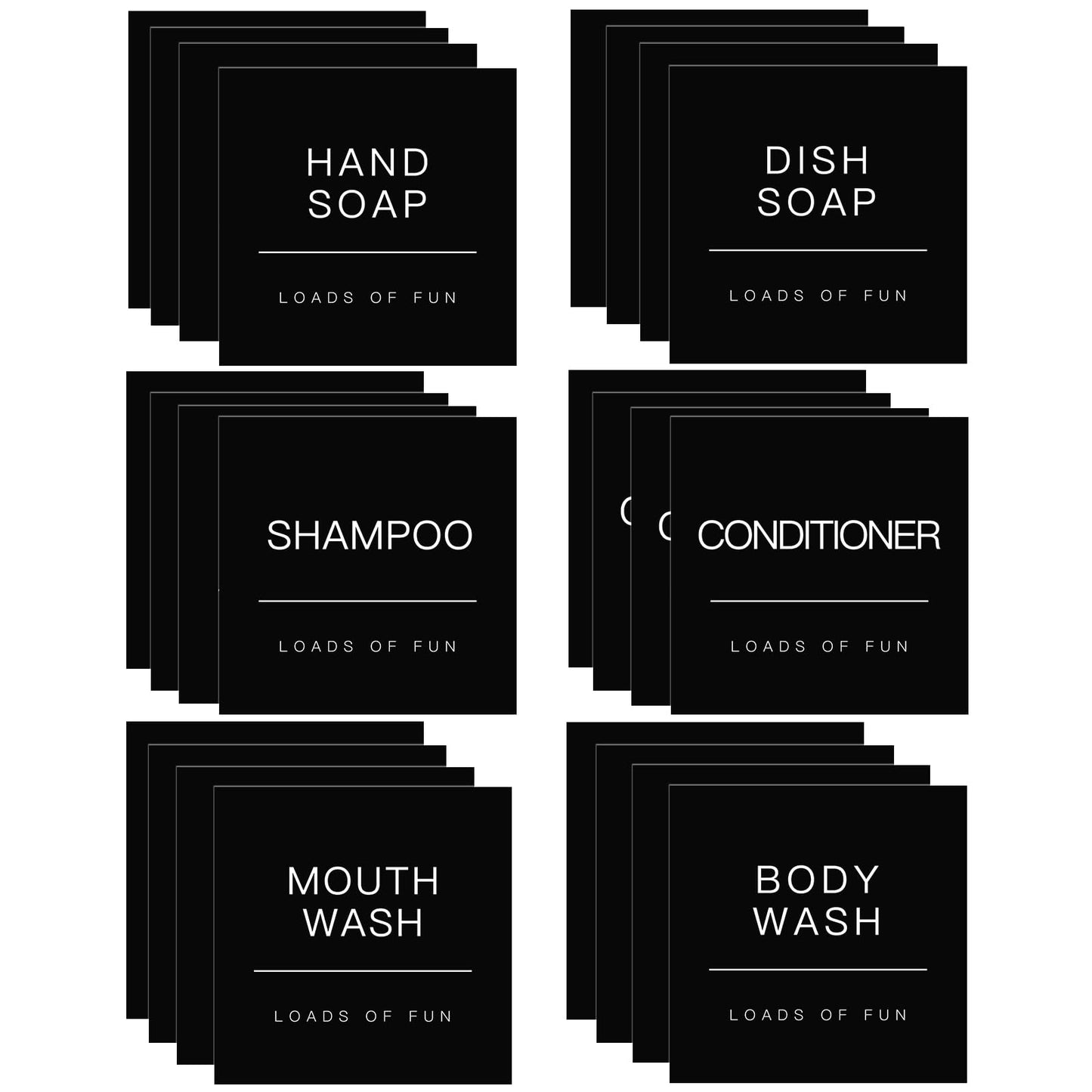 HVSWLY 24PCS Black Waterproof Soap Dispenser Labels, Modern, 2.6"x2.6", Bathroom Labels for Glass/Plastic Bottles, TCD-84