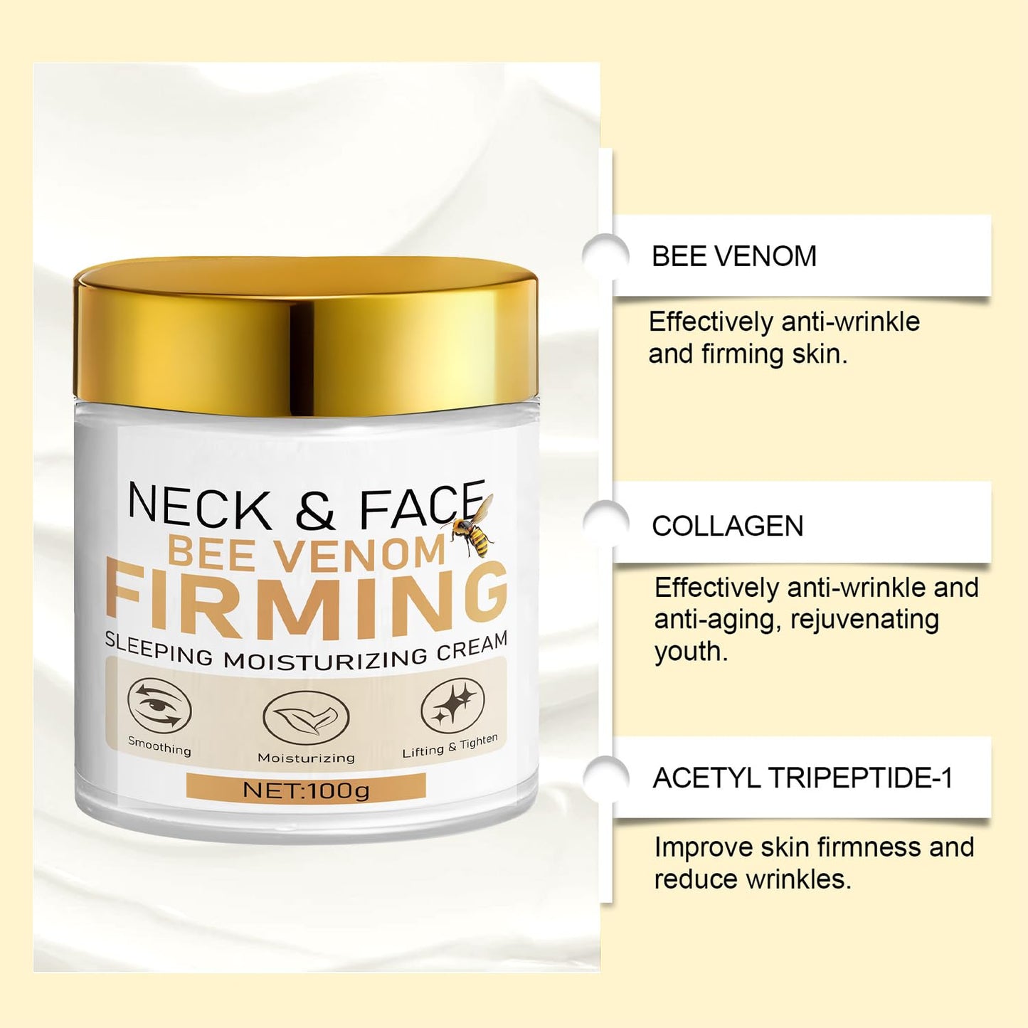 Bee Venom Sleeping Moisturizing Cream - Hydrating & Plumping Face and Neck Cream with Hyaluronic Acid, Daily Moisturizer for Firmer, Softer Skin, 3.53oz