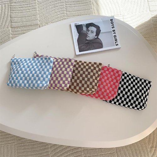PAZIMIIK Knitted Checkered Makeup Bag Large Zipper Make Up Accessory Pouch for Purse Cosmetic Brush Bag for Travel Essential,Purple
